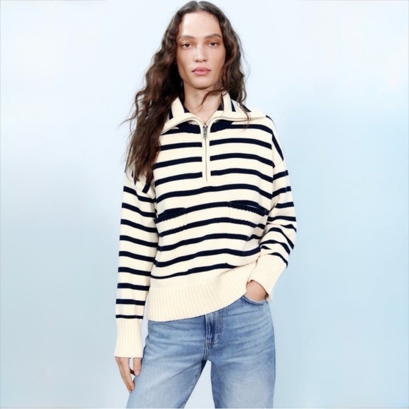 ZARA Striped Half Zip Knit Sweater Cropped Cotton Pullover Size S - Picture 11 of 11